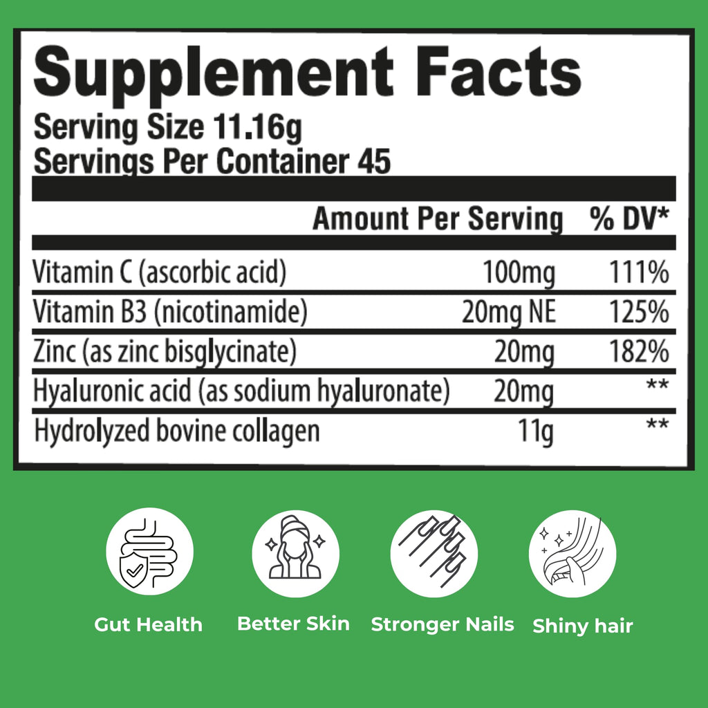 Hydrolyzed Bovine Collagen Peptides Powder with Vitamin C, Hyaluronic Acid, Zinc & B3 T409