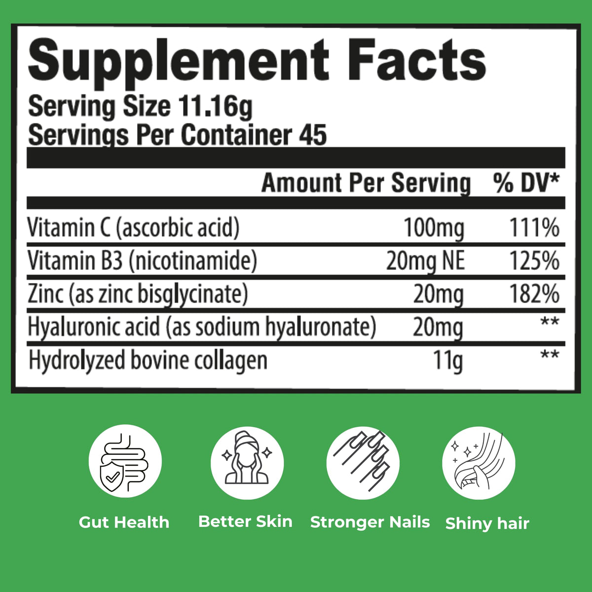 Hydrolyzed Bovine Collagen Peptides Powder with Vitamin C, Hyaluronic Acid, Zinc & B3 T409