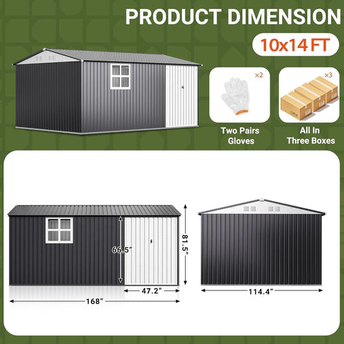 10X14 FT Metal Outdoor Storage Shed with Window, Black O9375