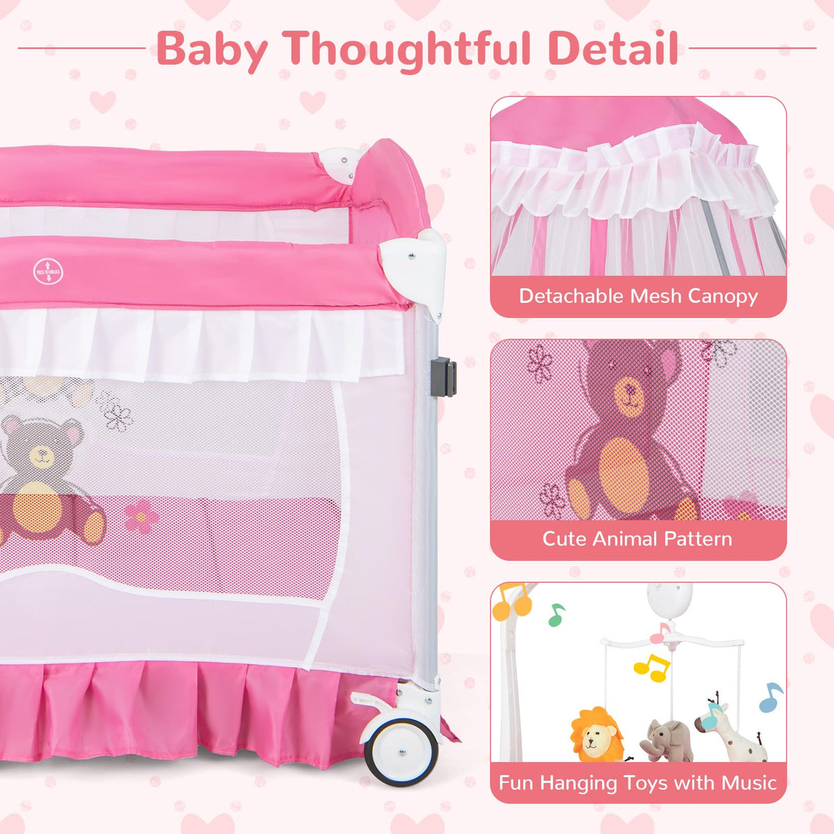 4-in-1 Pack and Play with Canopy, Changing Table and Bassinet, Hot Pink V30521