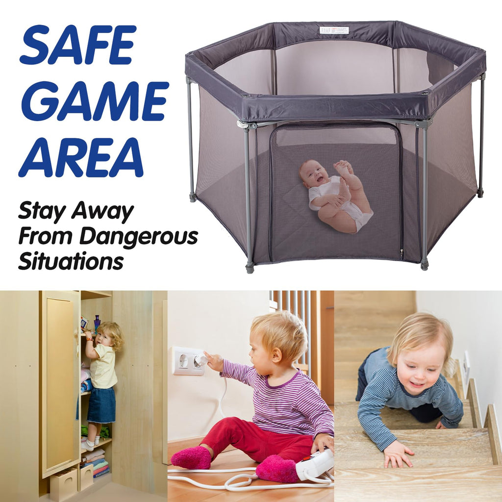 Baby Playpen 53x53 Inch Portable Play Yard with Breathable Mesh Walls Grey X910