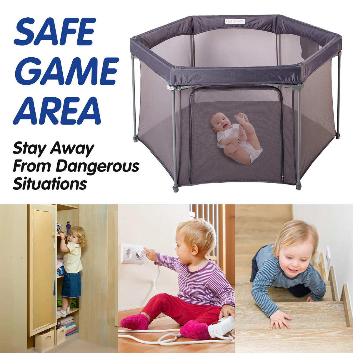 Baby Playpen 53x53 Inch Portable Play Yard with Breathable Mesh Walls Grey X910