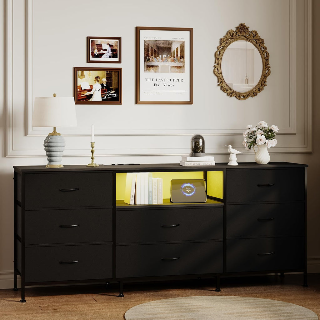 Black LED TV Stand Dresser with 8 Fabric Drawers O936603