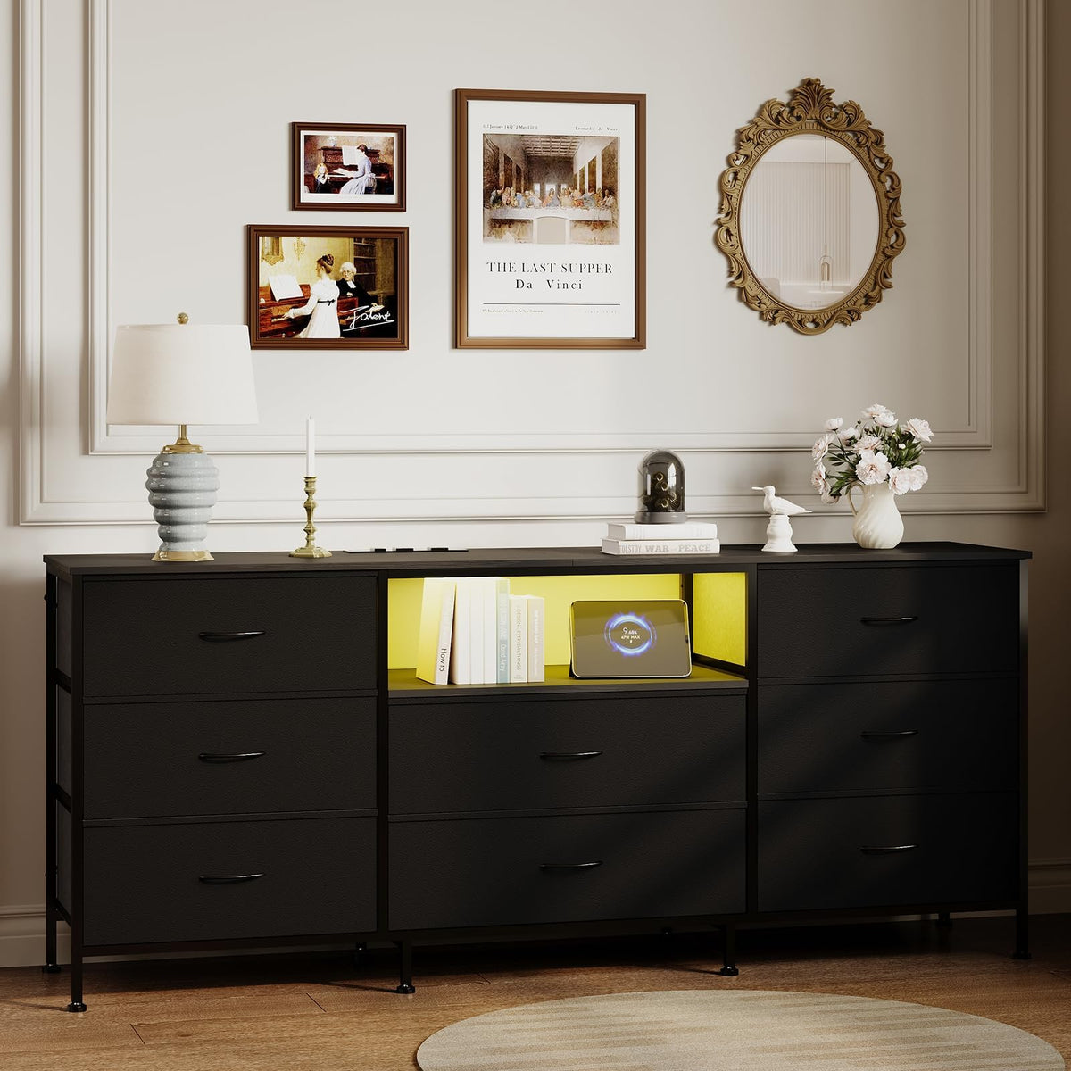 Black LED TV Stand Dresser with 8 Fabric Drawers O936603