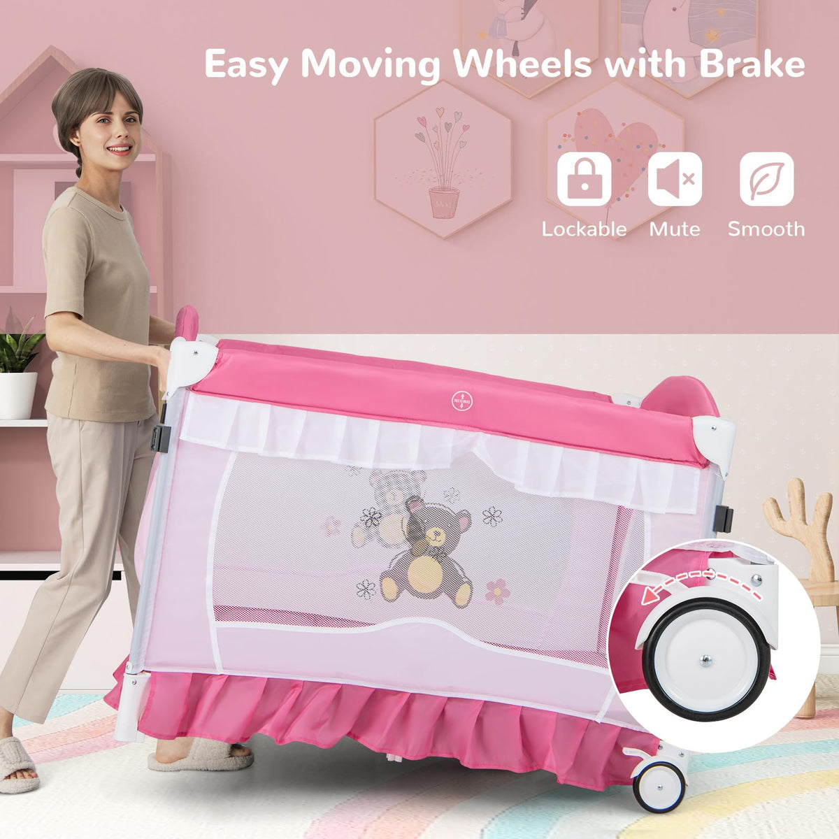 4-in-1 Pack and Play with Canopy, Changing Table and Bassinet, Hot Pink V30521