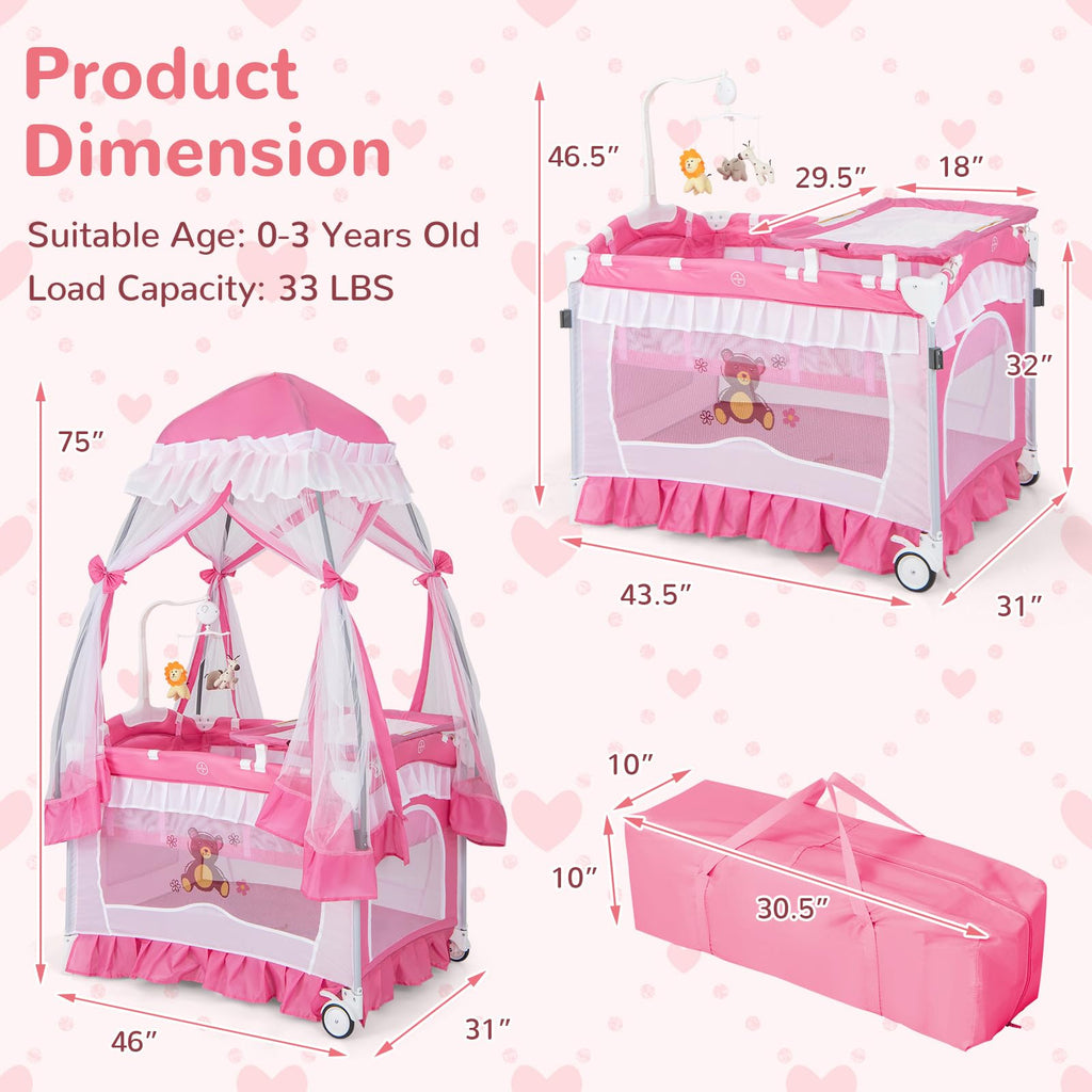 4-in-1 Pack and Play with Canopy, Changing Table and Bassinet, Hot Pink V30521