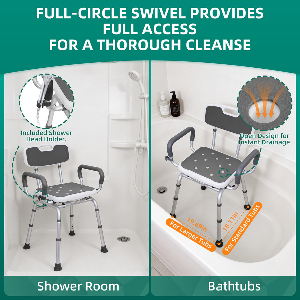 Swivel Shower Chair with Arms & Back, Heavy Duty Non-Slip Rotating Shower Bench Seat G239970