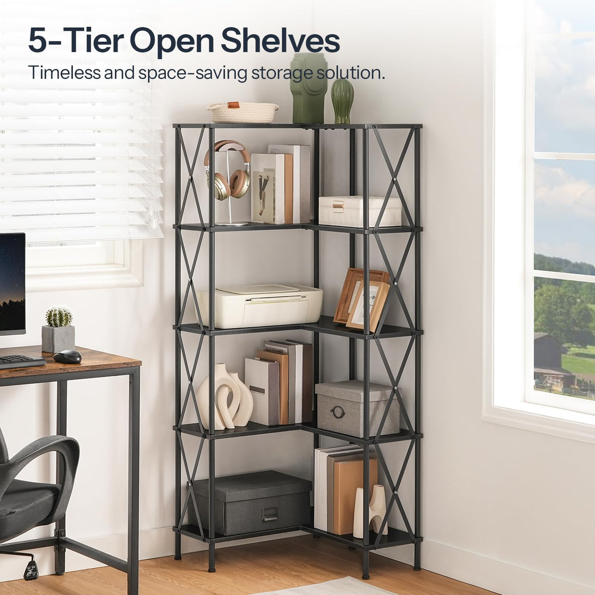 Black 5-Tier L-Shaped Corner Bookshelf B45278