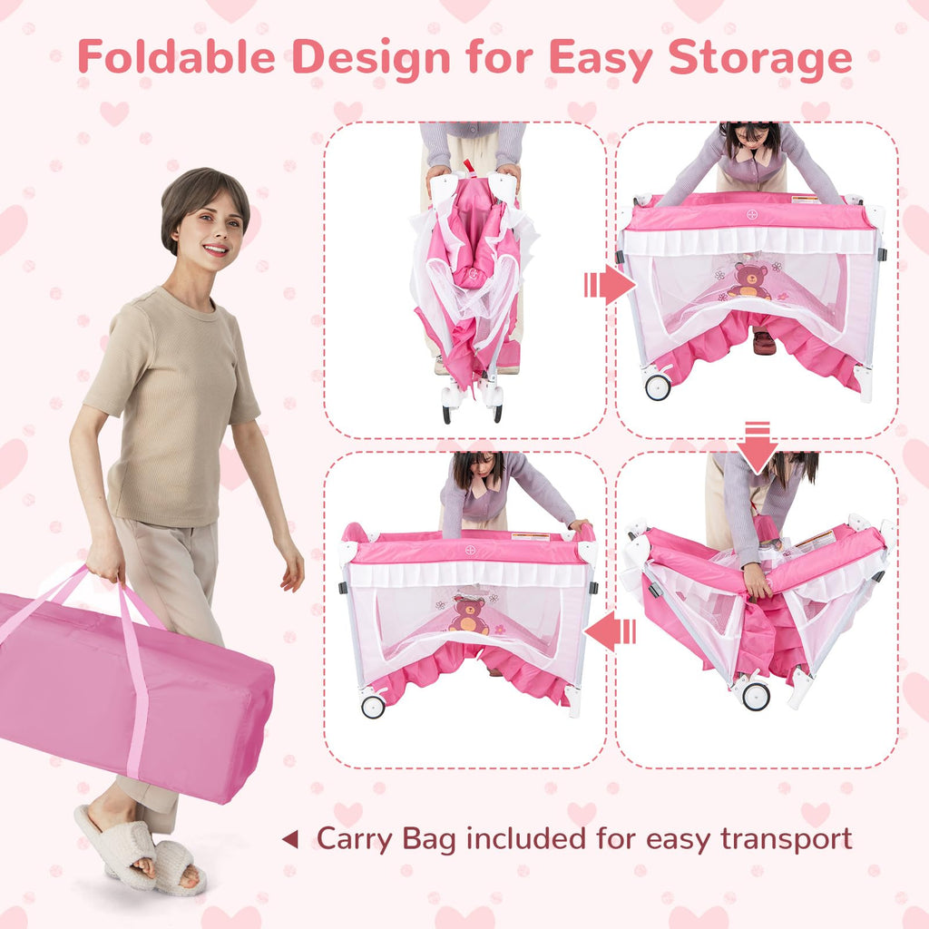 4-in-1 Pack and Play with Canopy, Changing Table and Bassinet, Hot Pink V30521