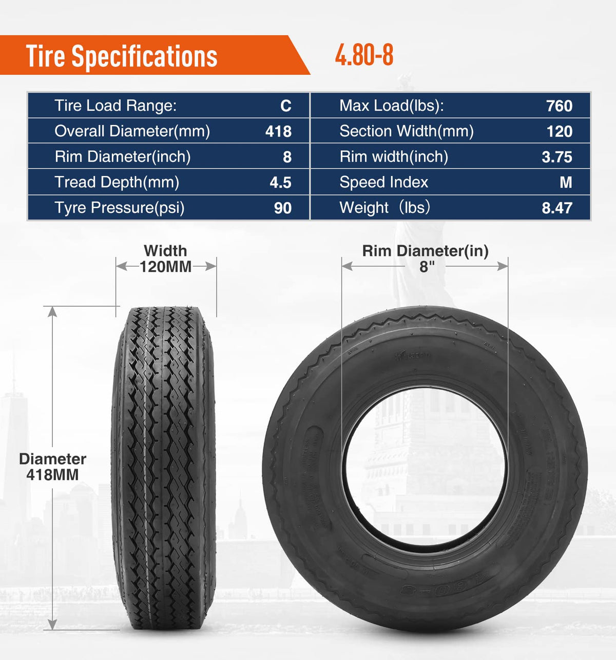 8 Trailer Tires Set of 2 Tubeless 6PR Load Range C Q495