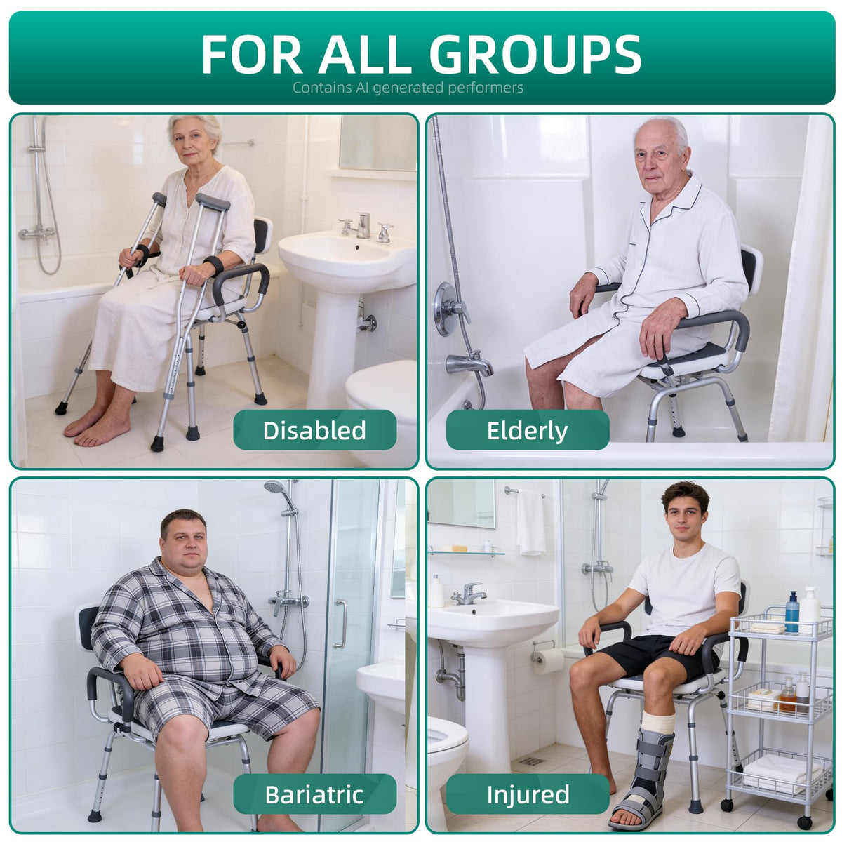 Swivel Shower Chair with Arms & Back, Heavy Duty Non-Slip Rotating Shower Bench Seat G239970