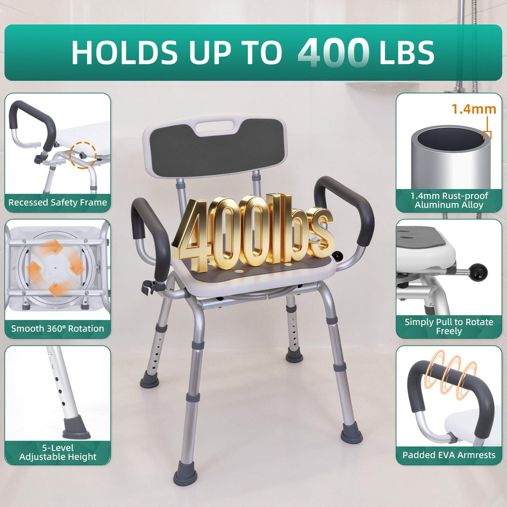 Swivel Shower Chair with Arms & Back, Heavy Duty Non-Slip Rotating Shower Bench Seat G239970
