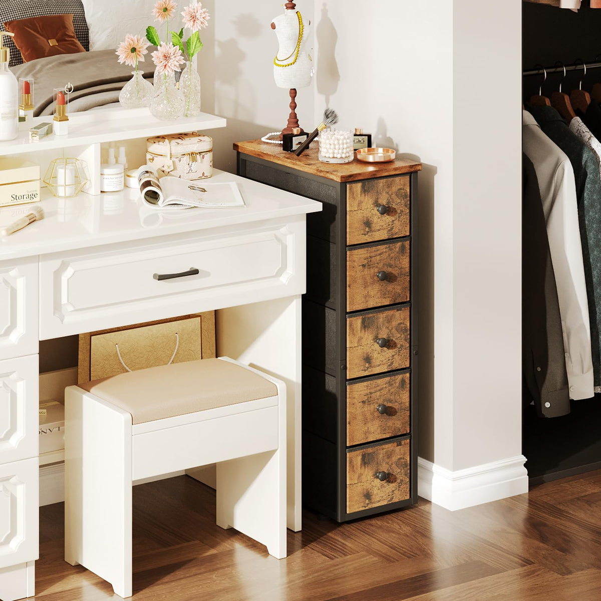 Narrow 5 Fabric Drawers Rustic Brown Dresser A109