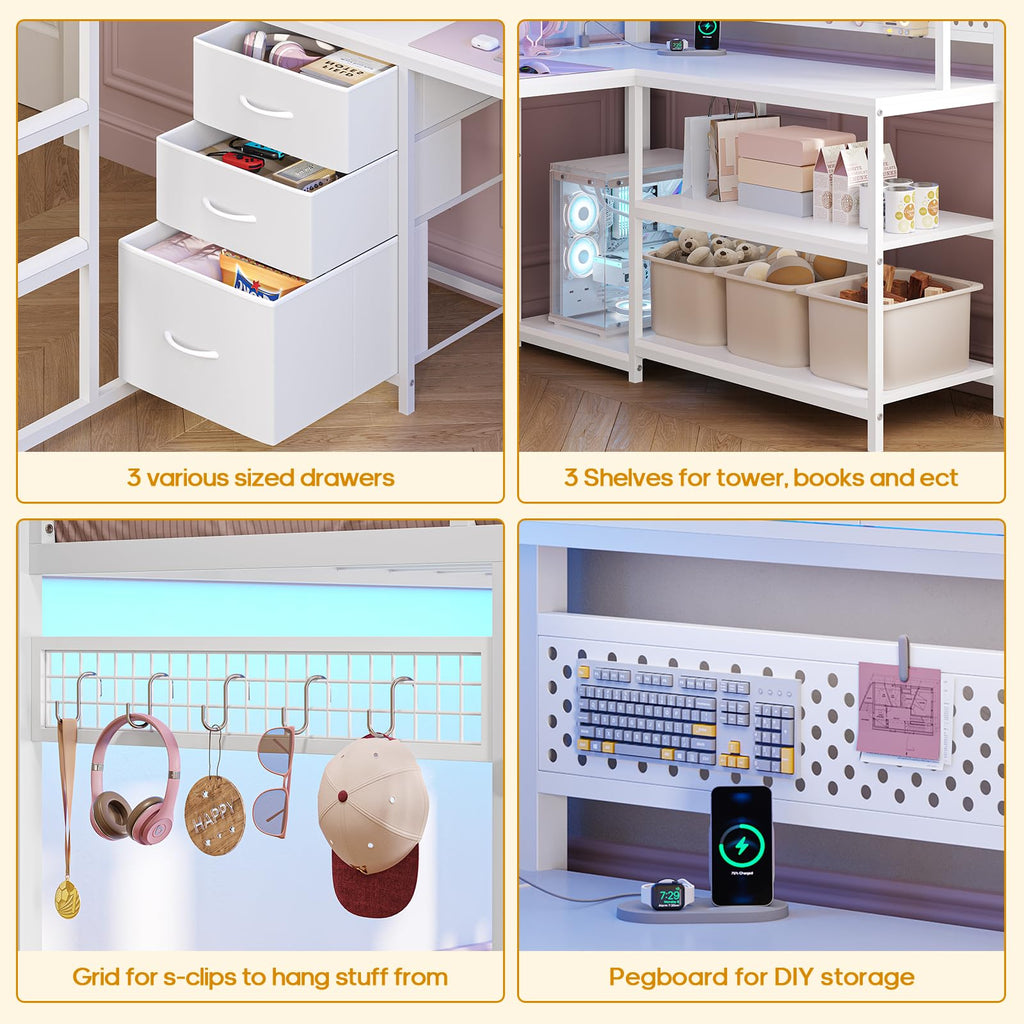 White Twin Gaming Loft Bed with Desk F24864
