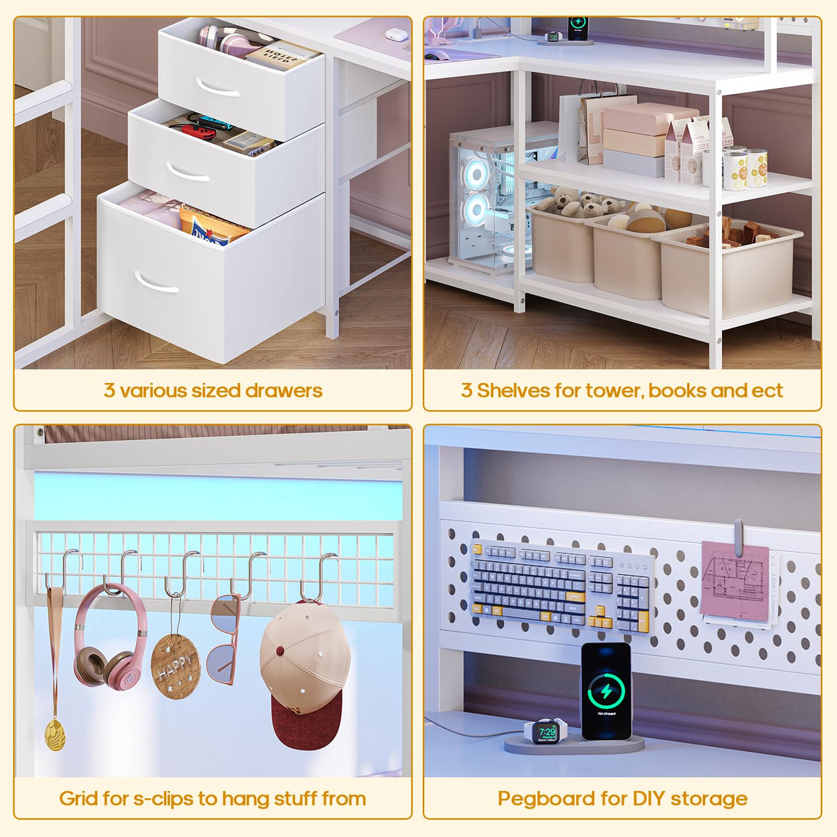 White Twin Gaming Loft Bed with Desk F24864
