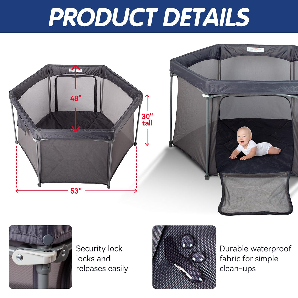 Baby Playpen 53x53 Inch Portable Play Yard with Breathable Mesh Walls Grey X910