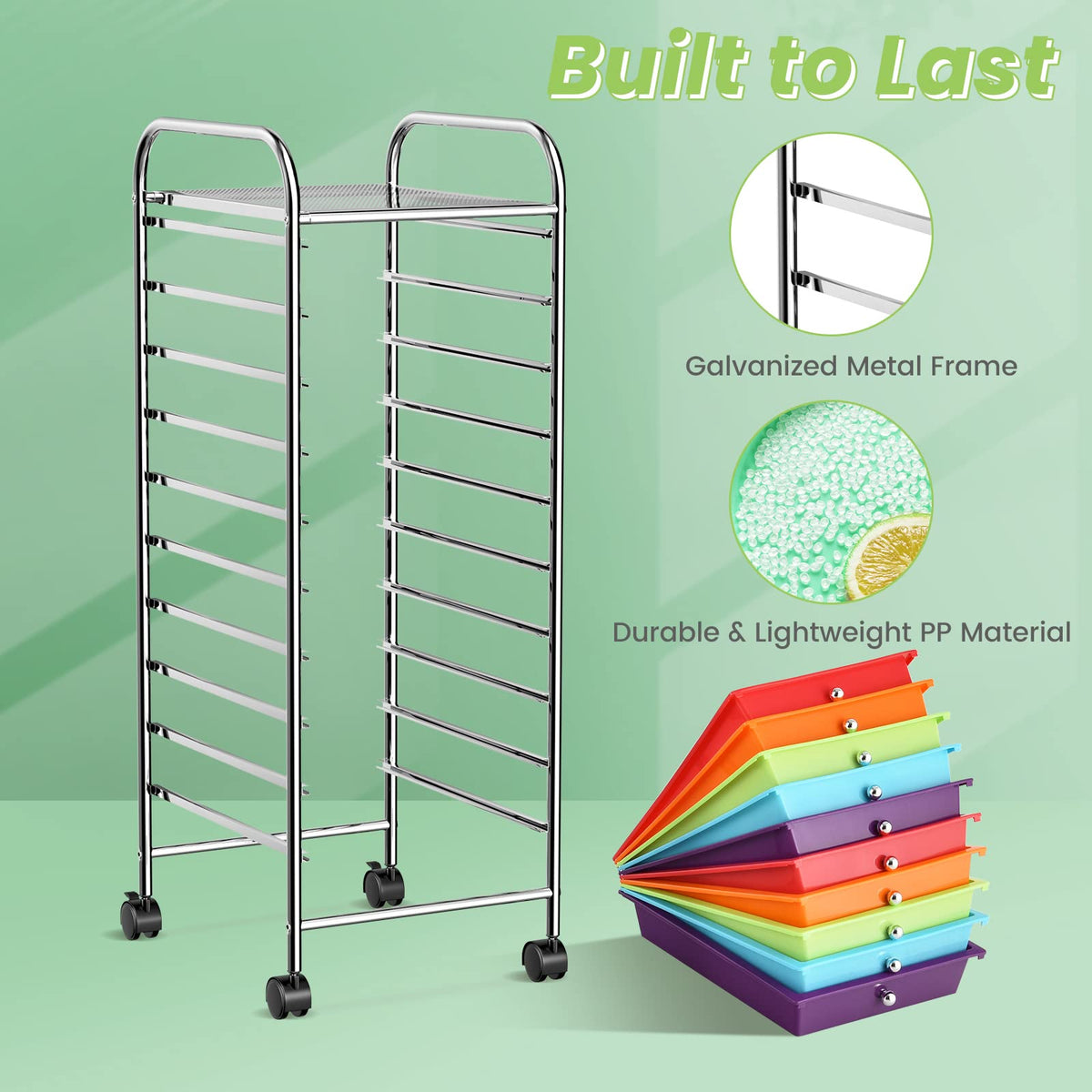 10 Drawer Rolling Storage Cart with Steel Frame K2707
