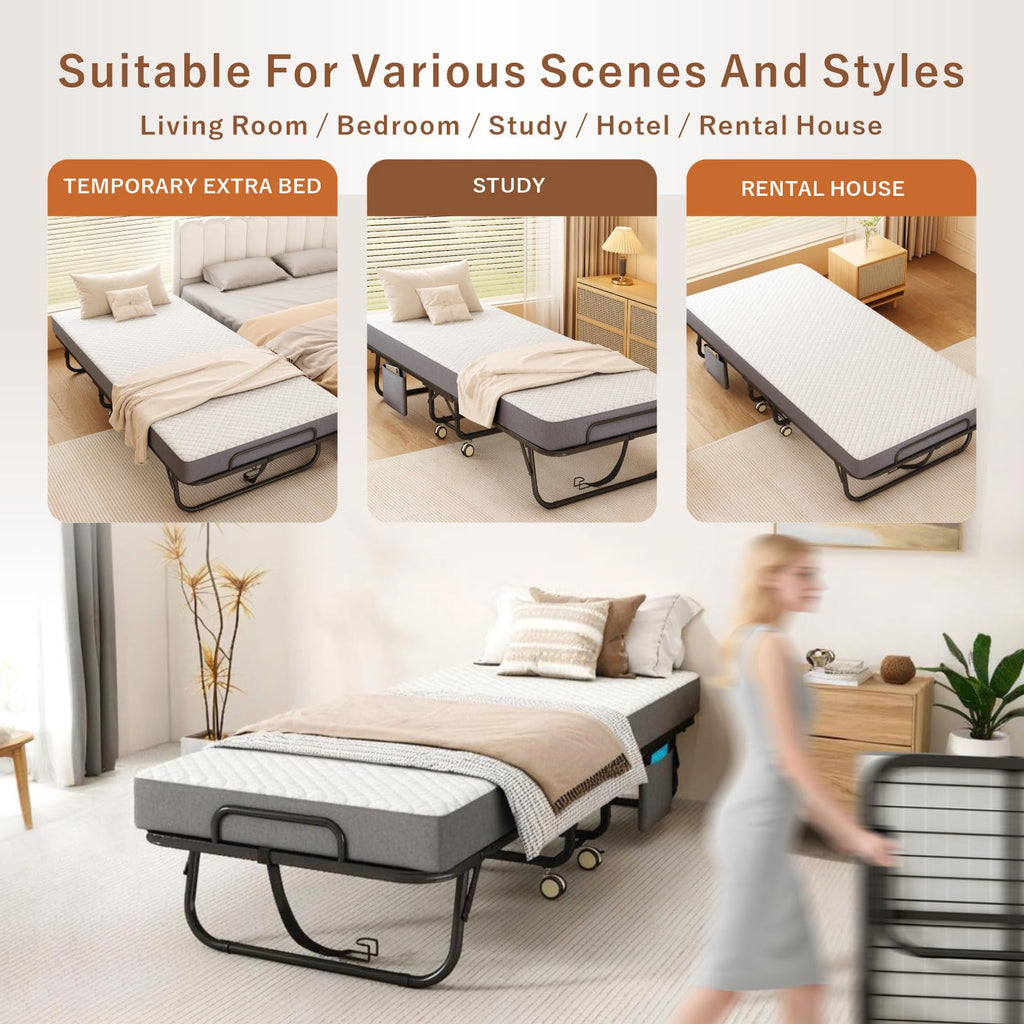 Folding Bed with Mattress, Memory Foam, Metal Frame L260823