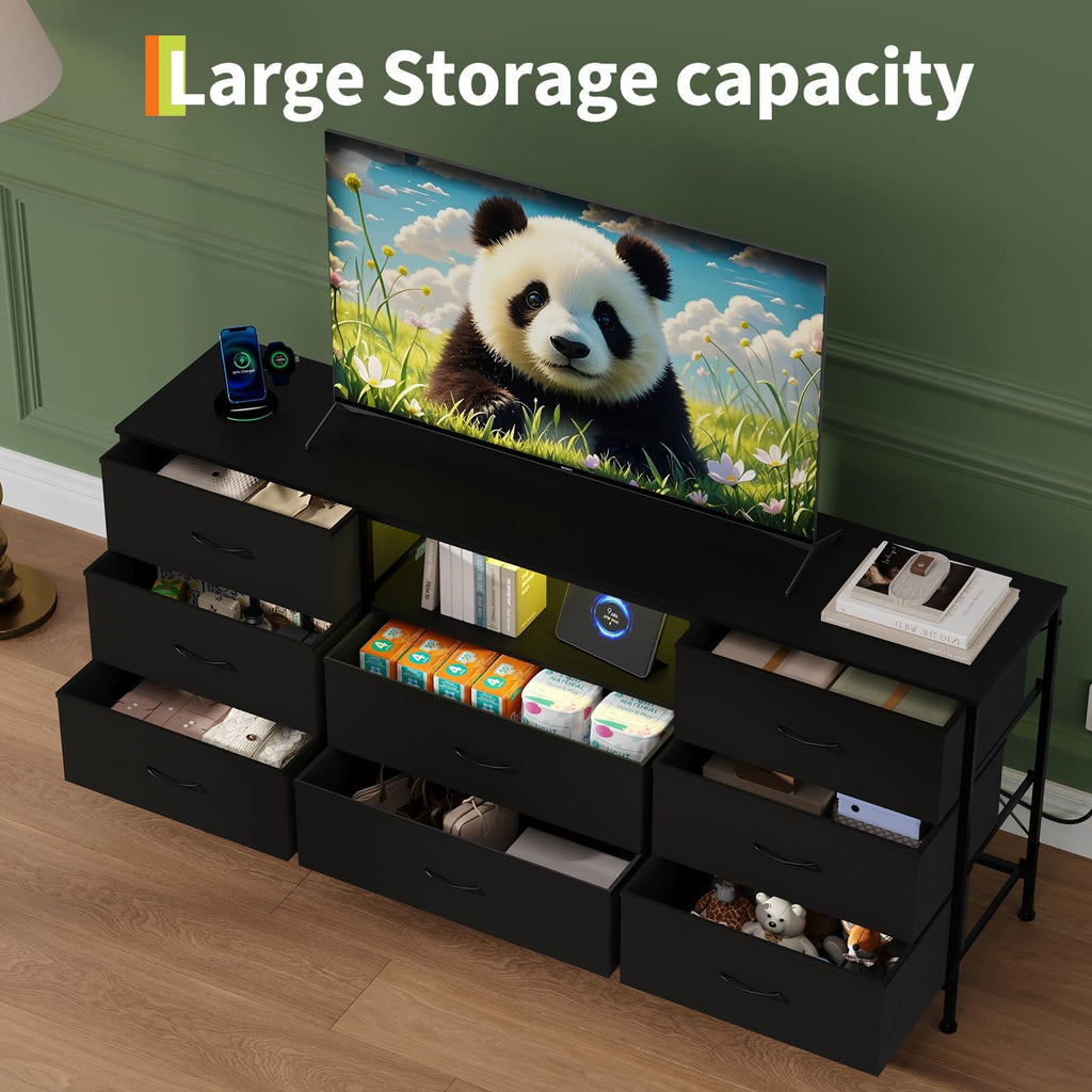 Black LED TV Stand Dresser with 8 Fabric Drawers O936603