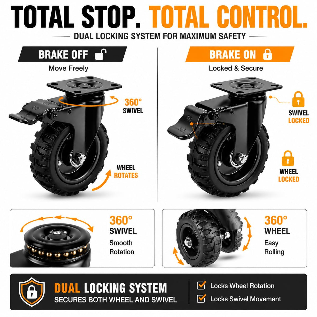 5 Inch Dual Locking Rubber Caster Wheels, 600 Lbs, 4-Pack J2754