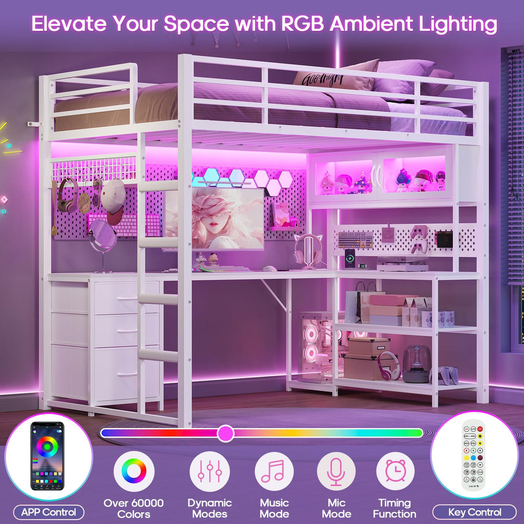 White Twin Gaming Loft Bed with Desk F24864