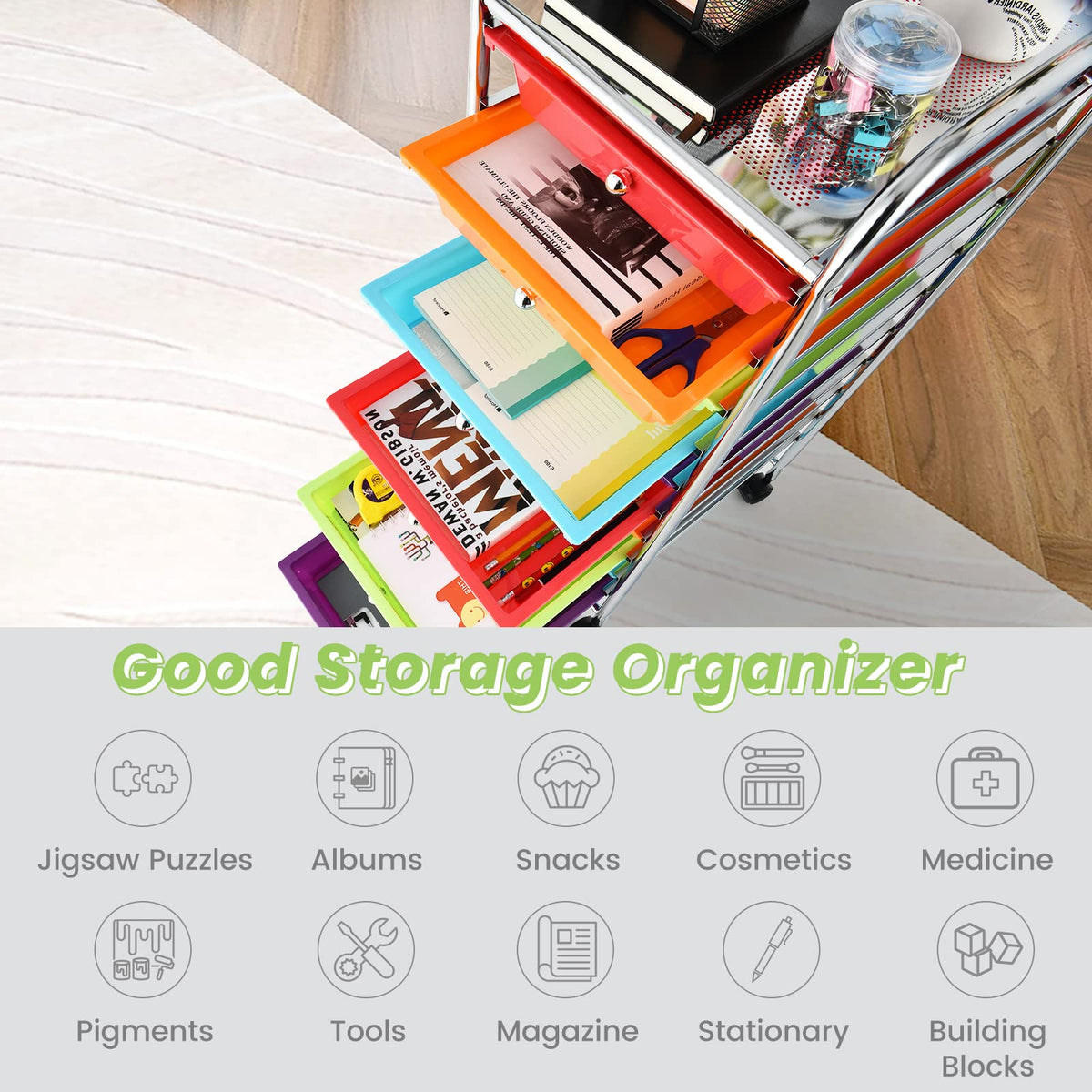10 Drawer Rolling Storage Cart with Steel Frame K2707