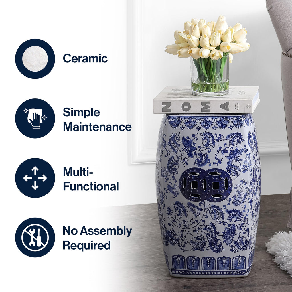 Blue White Ceramic Square Garden Stool J66872