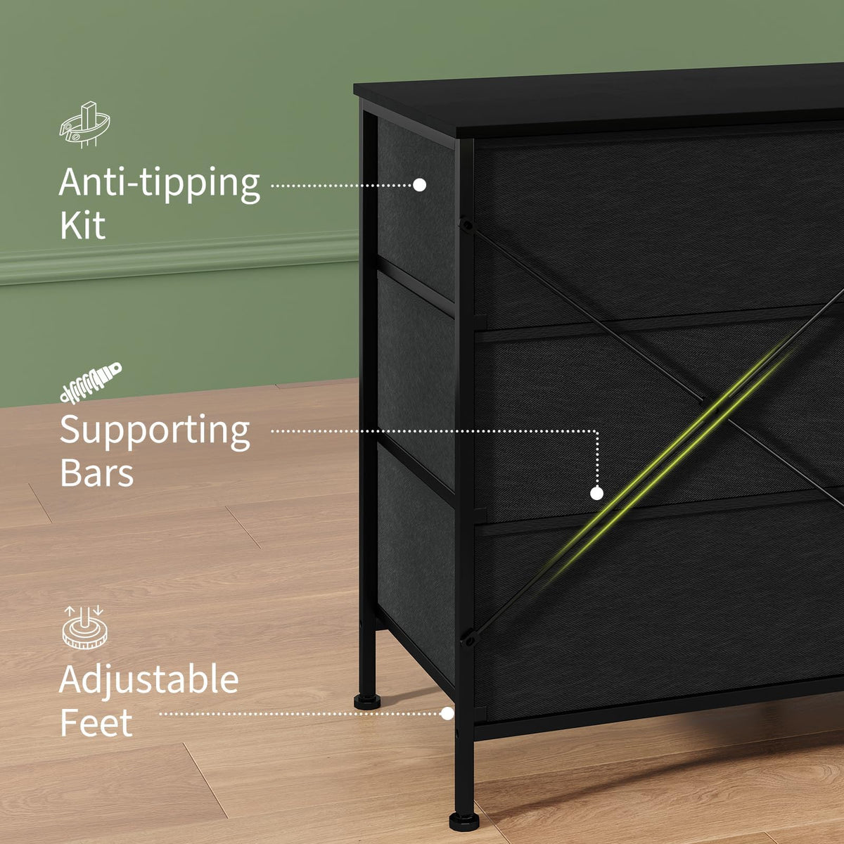 Black LED TV Stand Dresser with 8 Fabric Drawers O936603