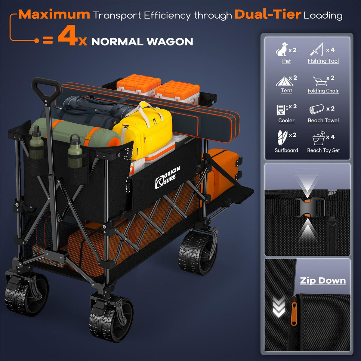 Foldable Double Decker Wagon, 560lbs, Black X168263