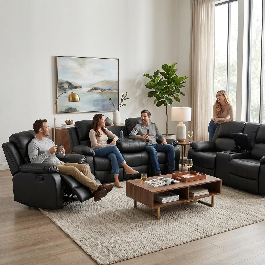 Black 3 Piece Leather Recliner Sofa Set with Cup Holders K110