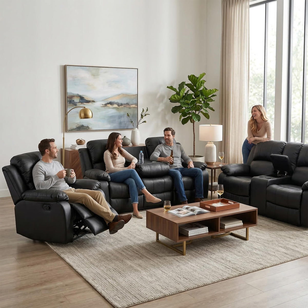 Black 3 Piece Leather Recliner Sofa Set with Cup Holders K110
