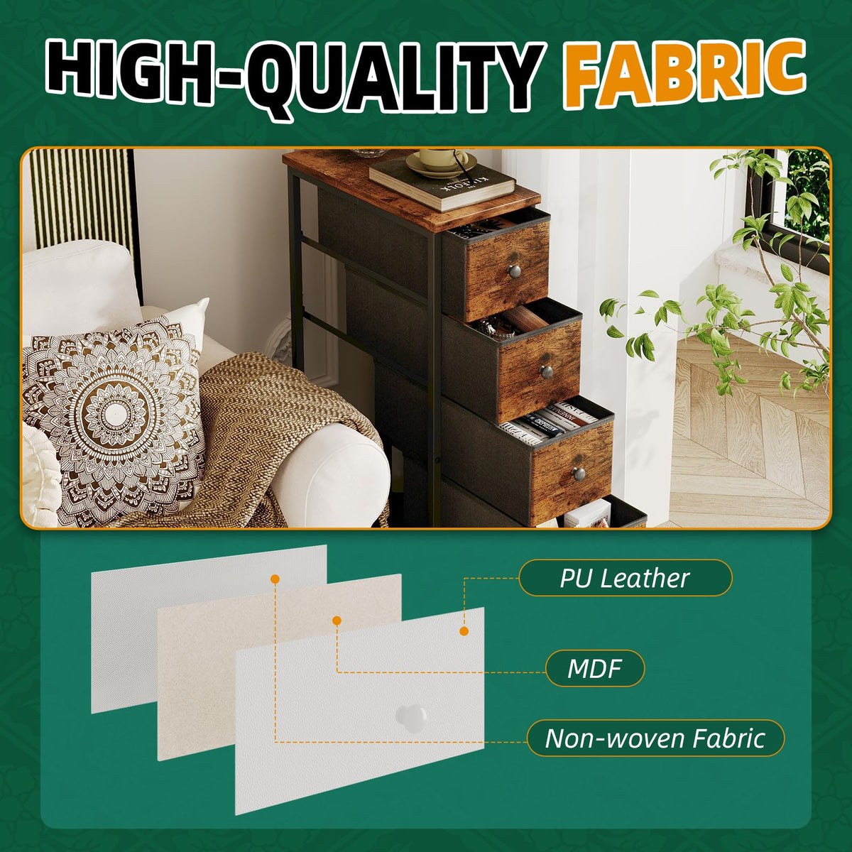 Narrow 5 Fabric Drawers Rustic Brown Dresser A109