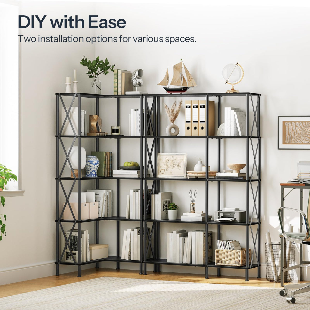 Black 5-Tier L-Shaped Corner Bookshelf B45278