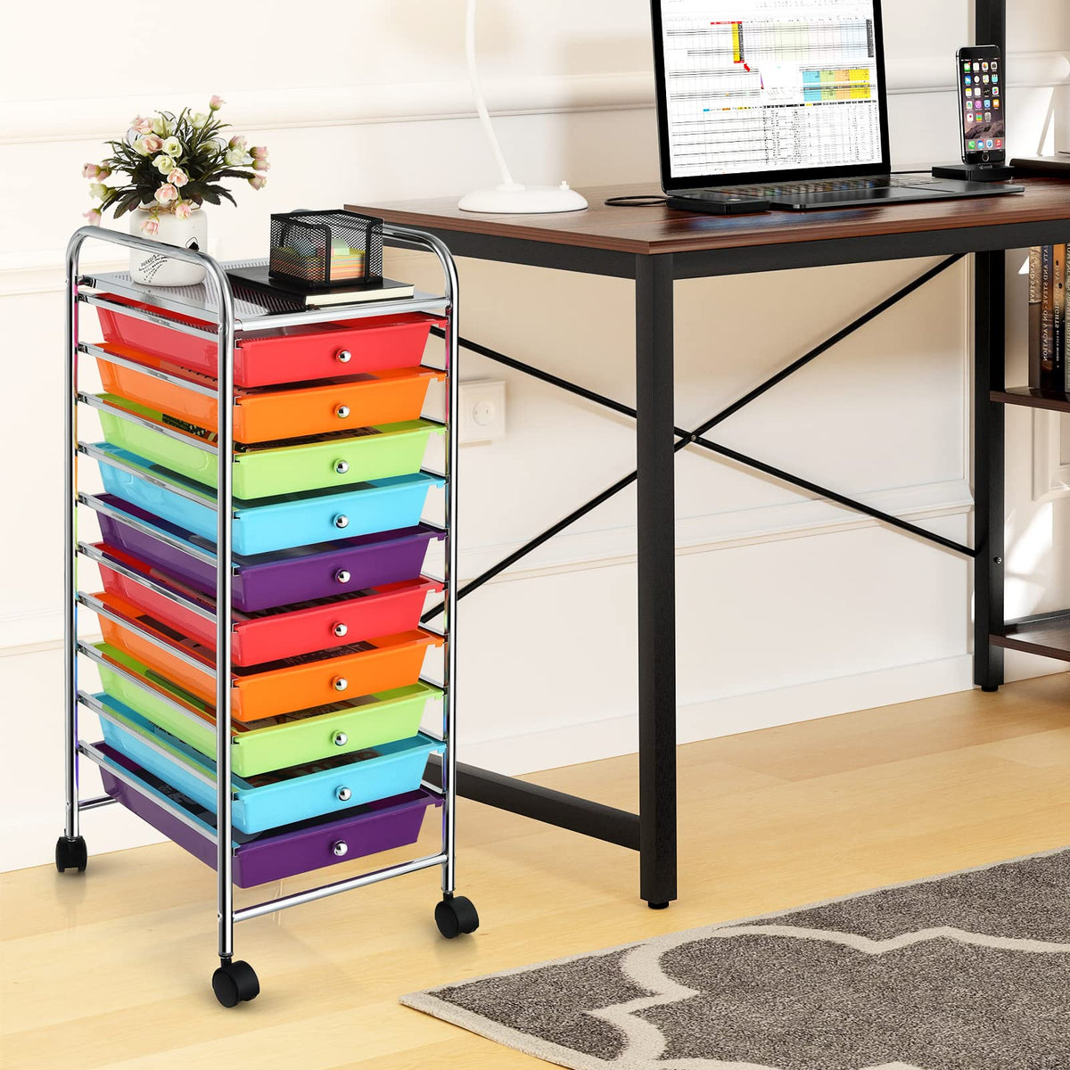 10 Drawer Rolling Storage Cart with Steel Frame K2707