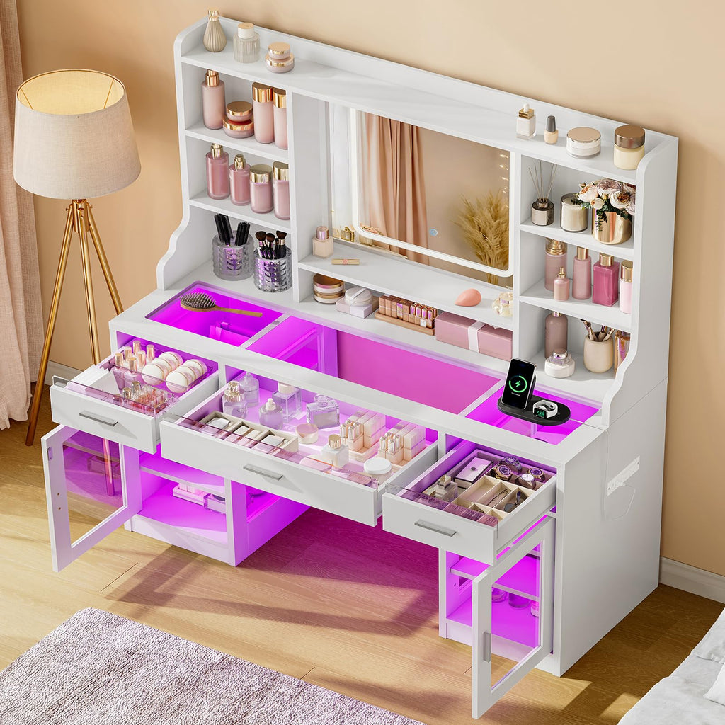 White Vanity Desk with Mirror and Lights U8686