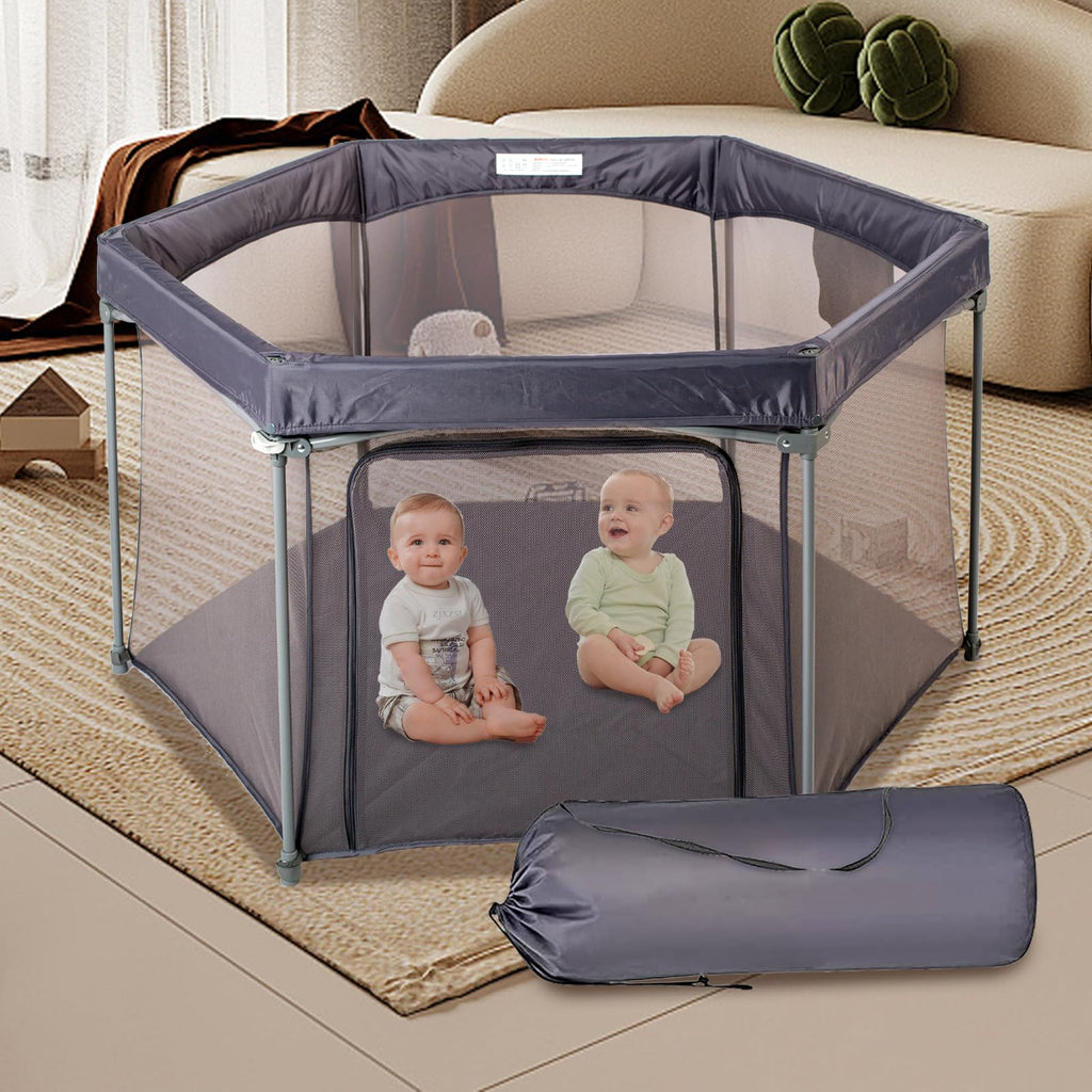 Baby Playpen 53x53 Inch Portable Play Yard with Breathable Mesh Walls Grey X910