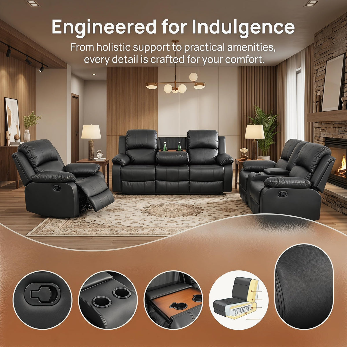 Black 3 Piece Leather Recliner Sofa Set with Cup Holders K110