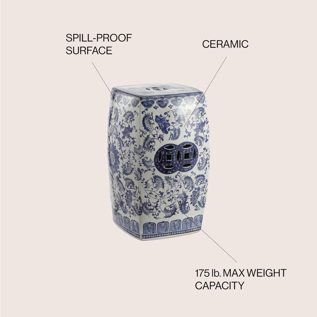 Blue White Ceramic Square Garden Stool J66872