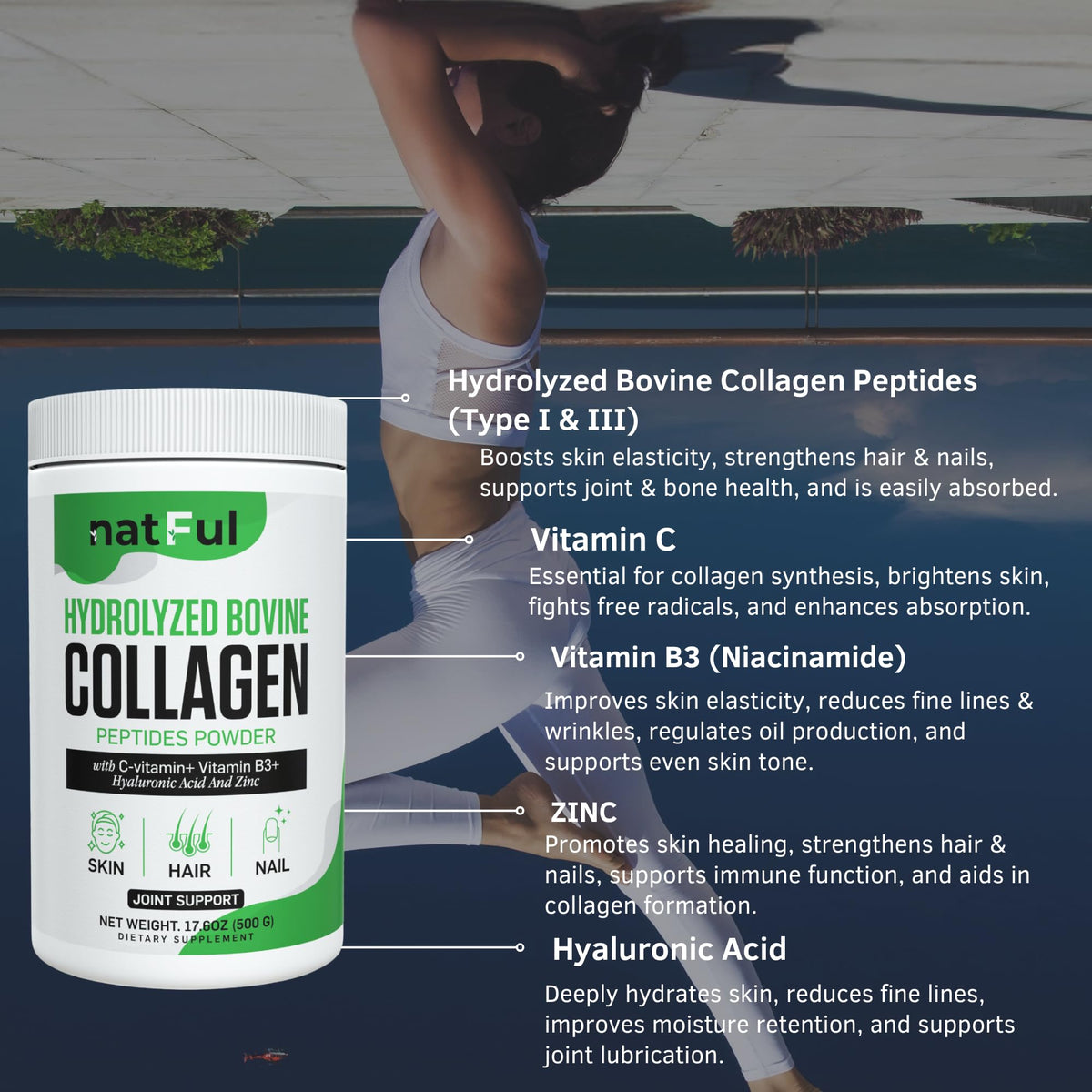 Hydrolyzed Bovine Collagen Peptides Powder with Vitamin C, Hyaluronic Acid, Zinc & B3 T409