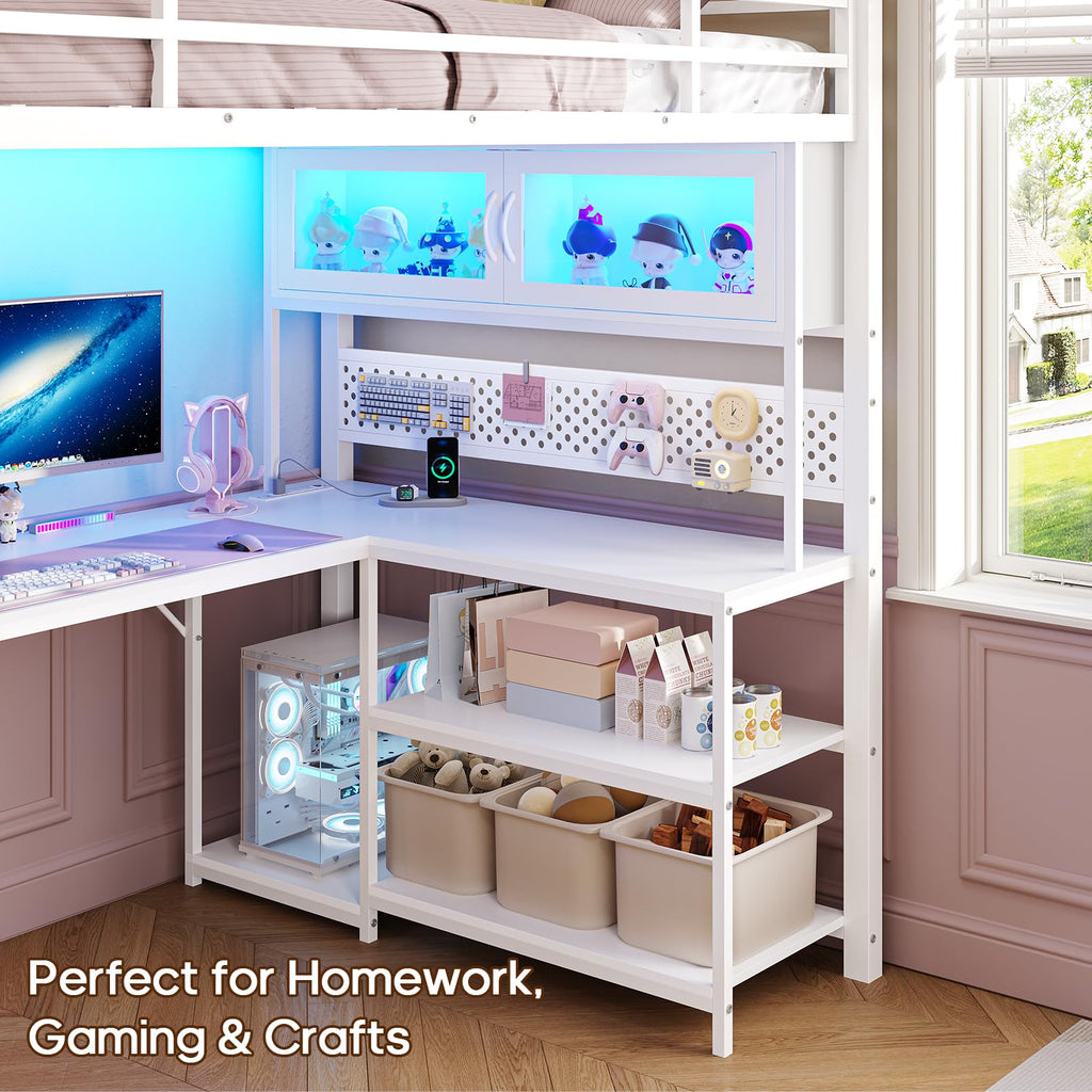 White Twin Gaming Loft Bed with Desk F24864
