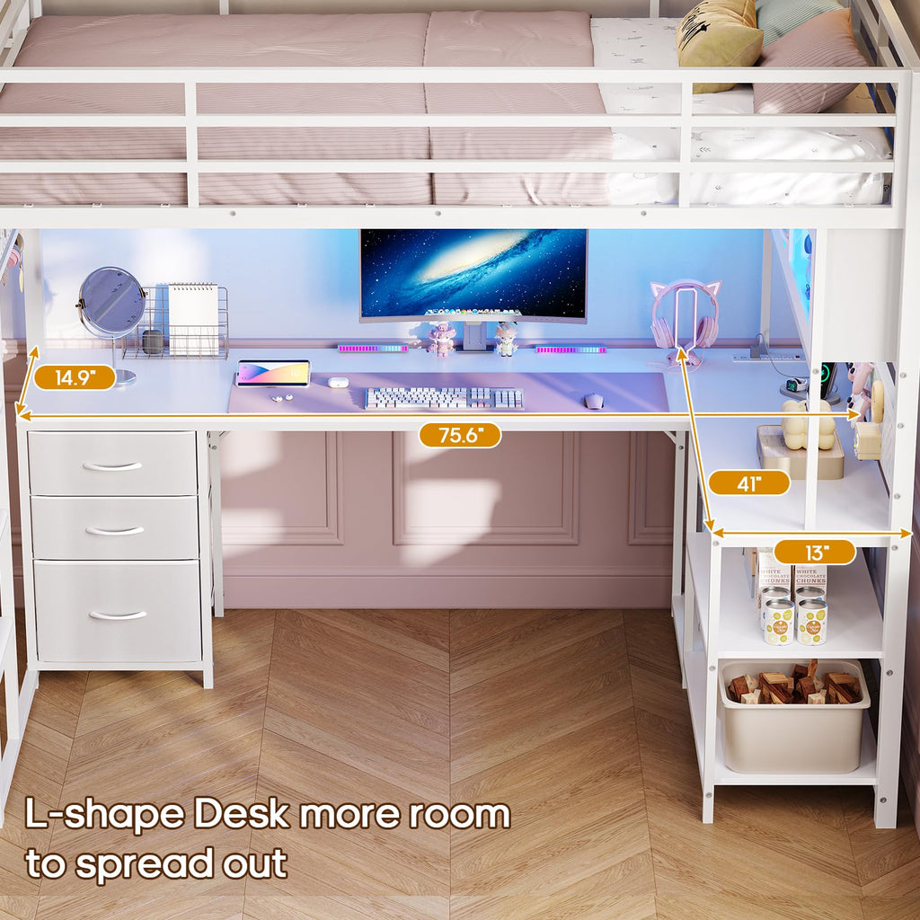 White Twin Gaming Loft Bed with Desk F24864