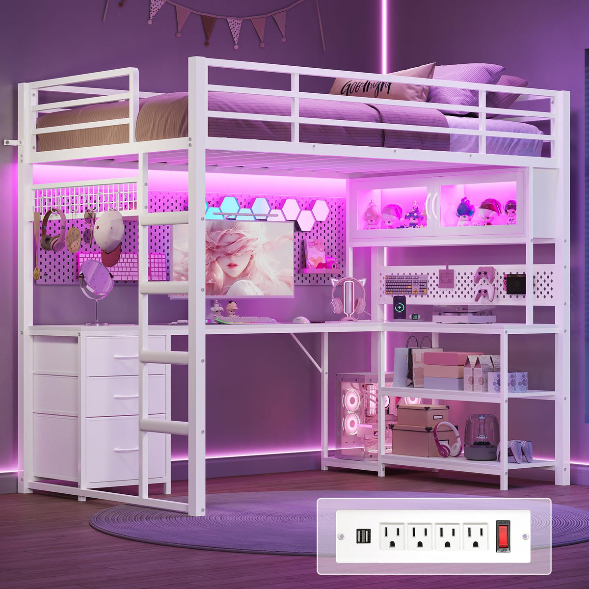White Twin Gaming Loft Bed with Desk F24864