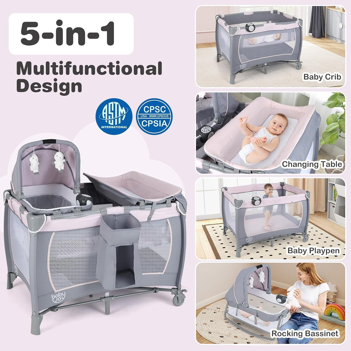 5 in 1 Pack and Play with Bassinet and Diaper Changing Table T204