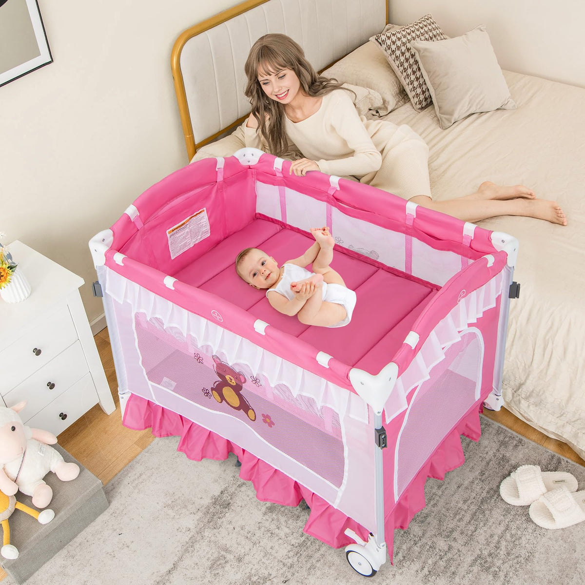 4-in-1 Pack and Play with Canopy, Changing Table and Bassinet, Hot Pink V30521