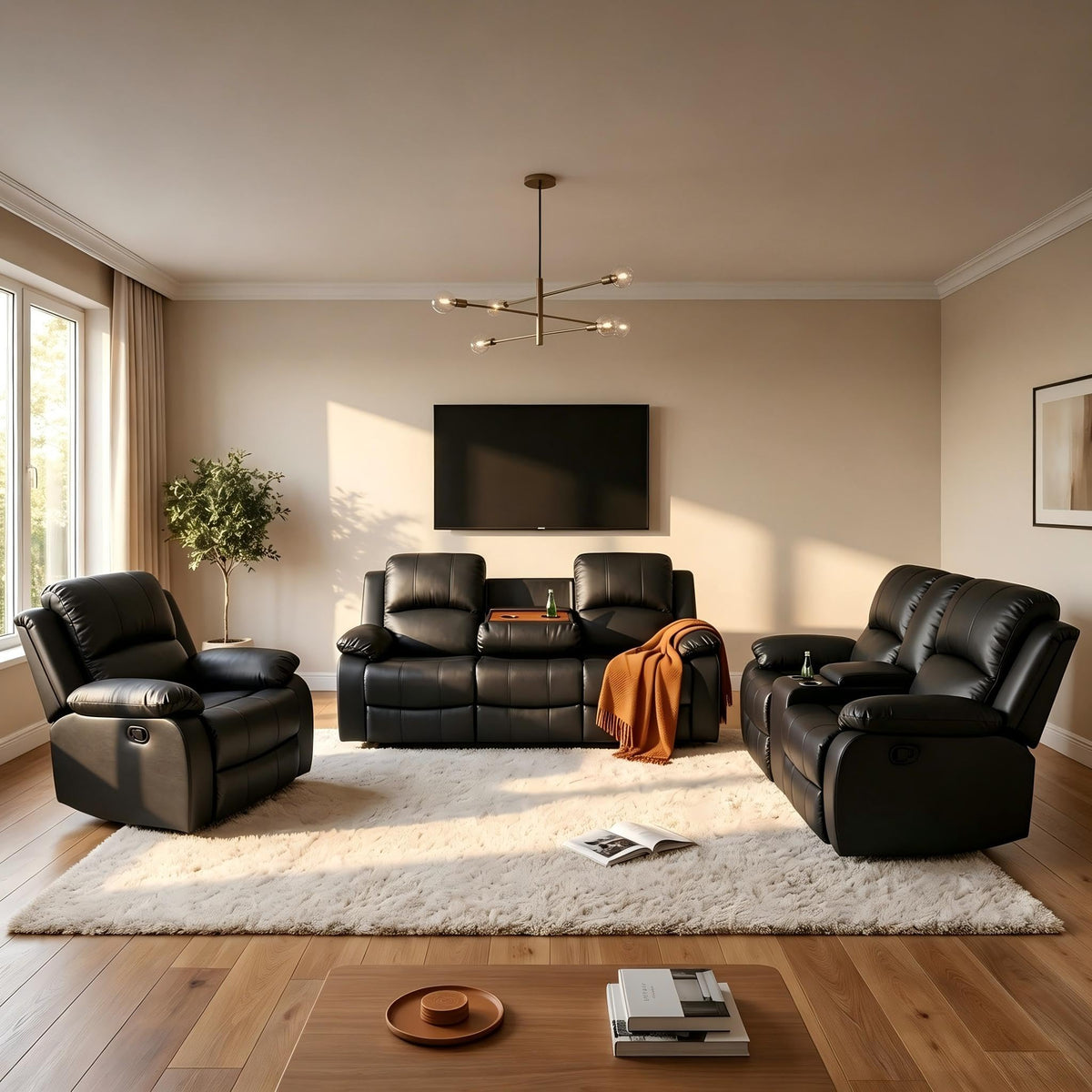 Black 3 Piece Leather Recliner Sofa Set with Cup Holders K110