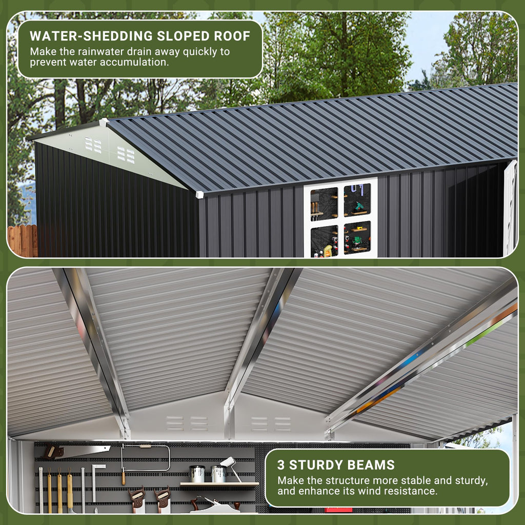 10X14 FT Metal Outdoor Storage Shed with Window, Black O9375