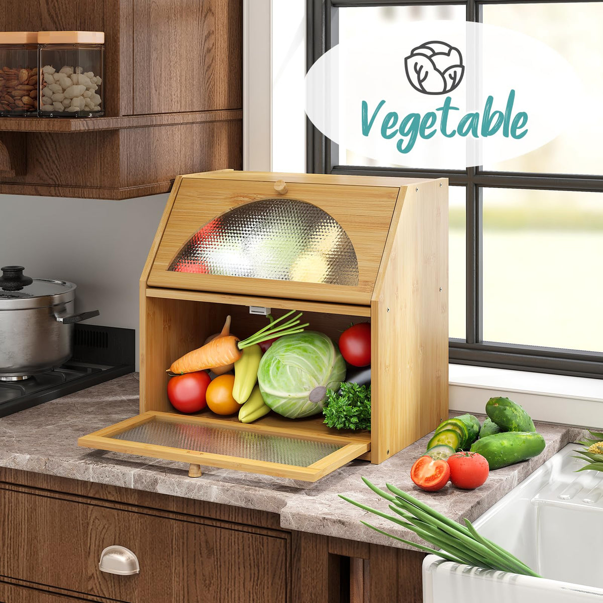 Extra Large Bamboo Wood Double Layer Bread Box A830622
