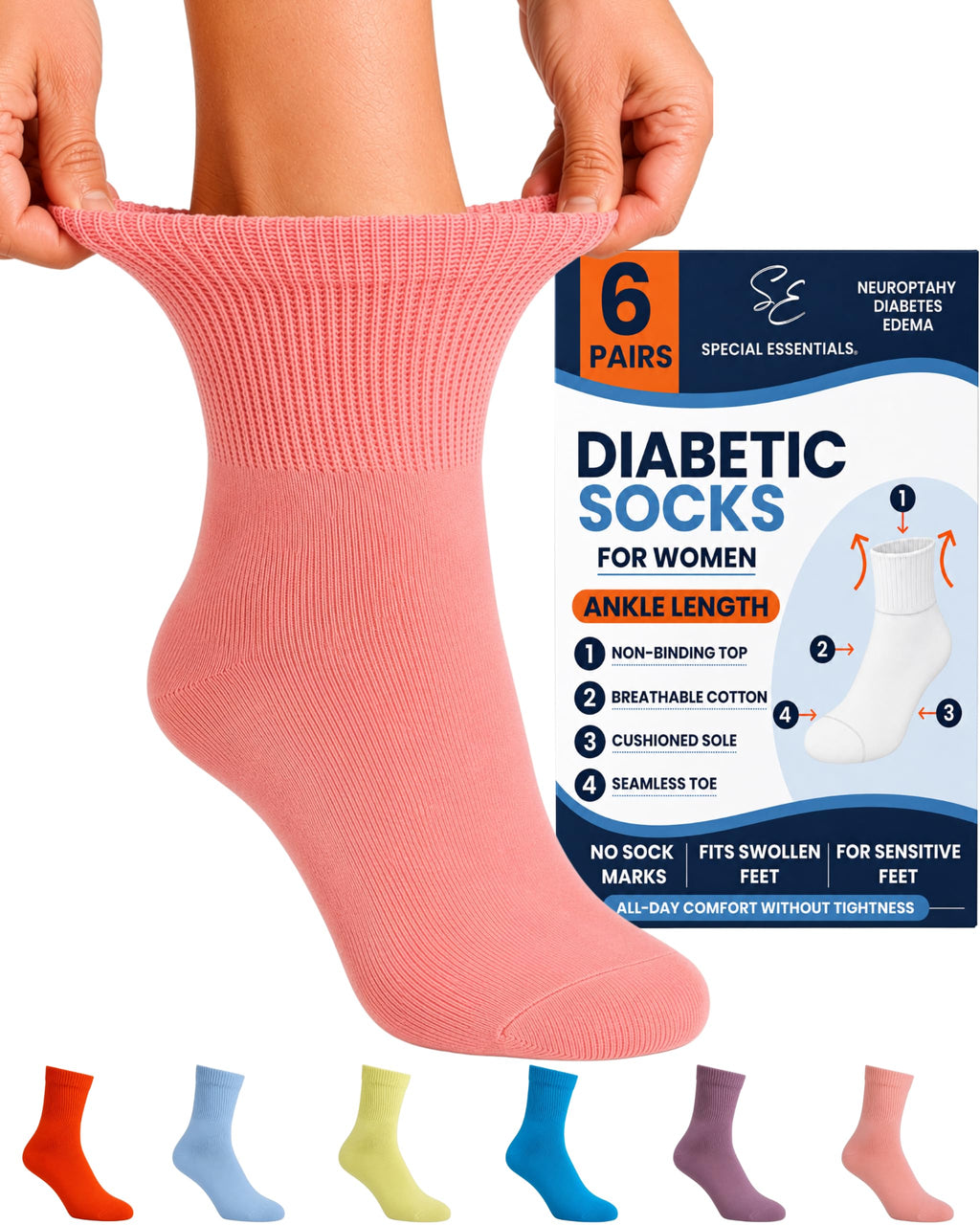 Women's Diabetic Ankle Socks, 6 Pairs, Non-Binding Z84263
