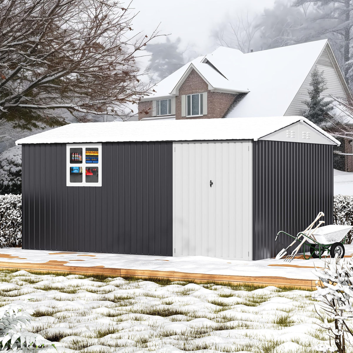 10X14 FT Metal Outdoor Storage Shed with Window, Black O9375