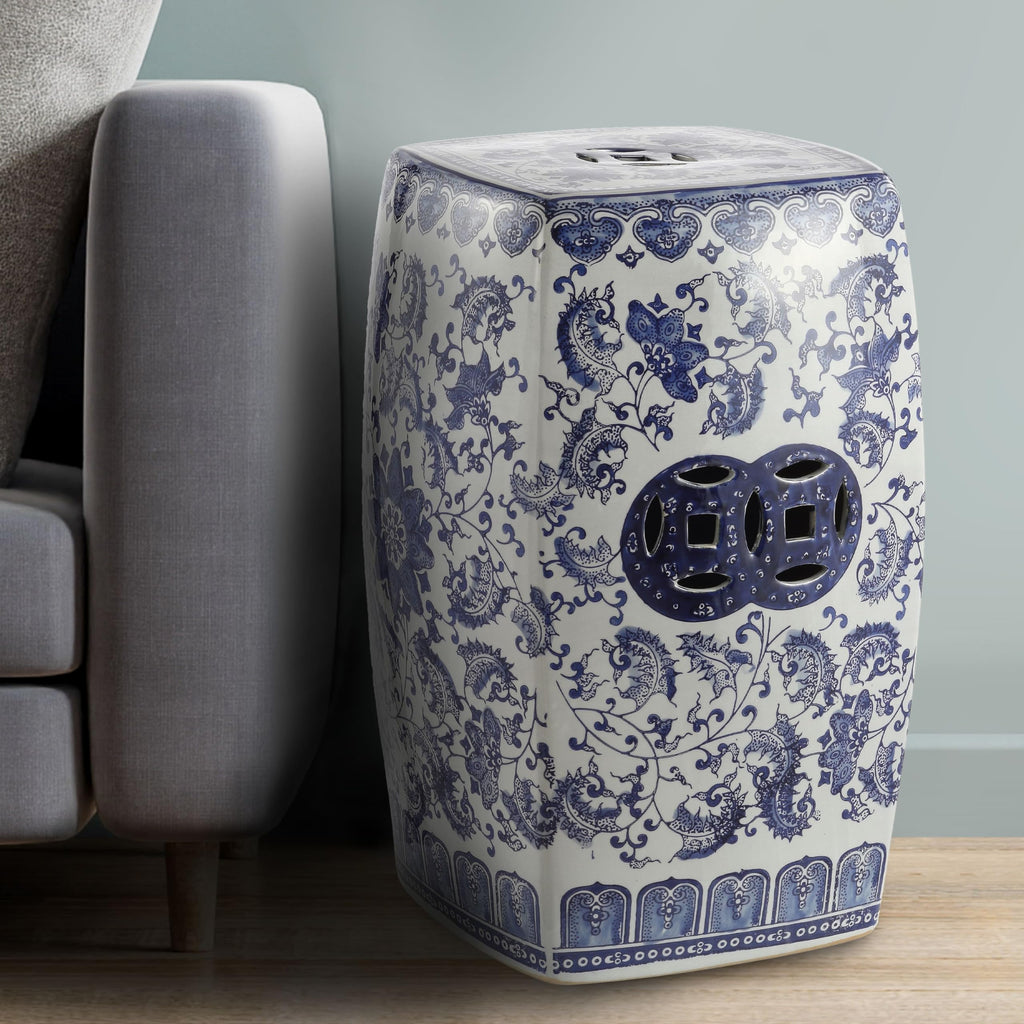Blue White Ceramic Square Garden Stool J66872